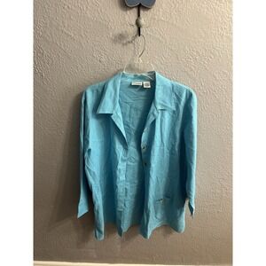 Liz Baker Womens Button Up Blouse Linen Blend Blue Size Large 3/4 Sleeve